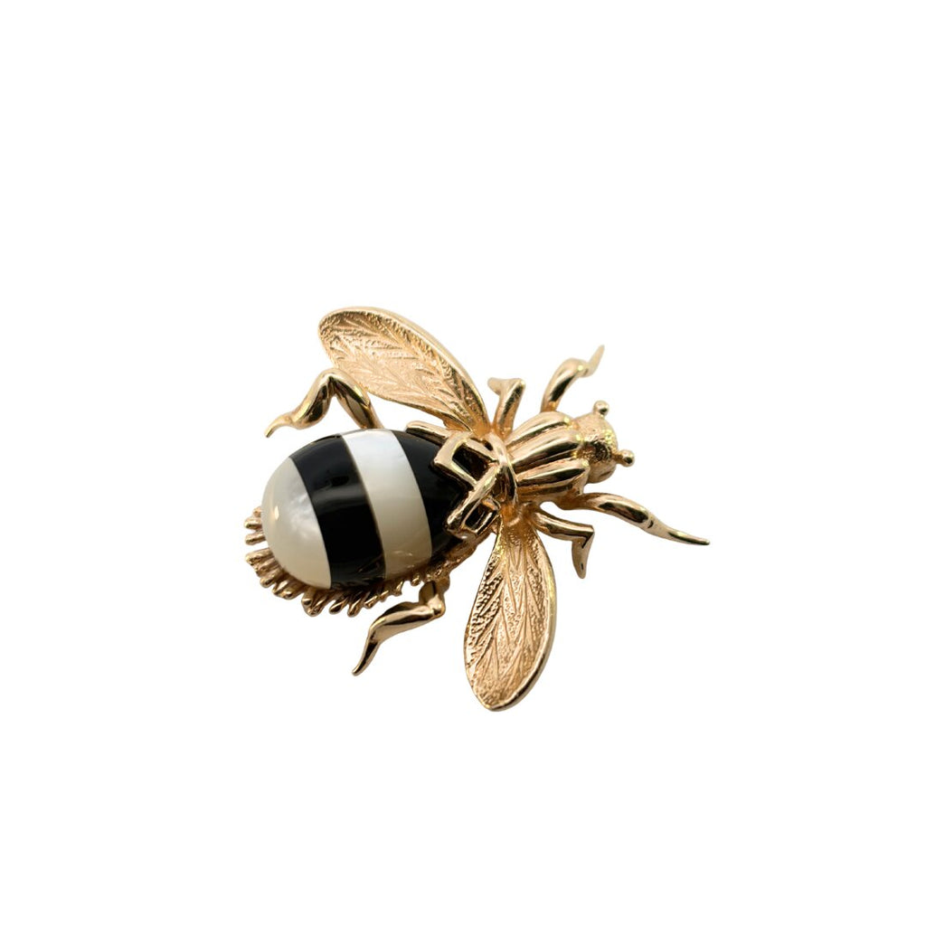 honeybee brooch side view onyx pearl striped body detail