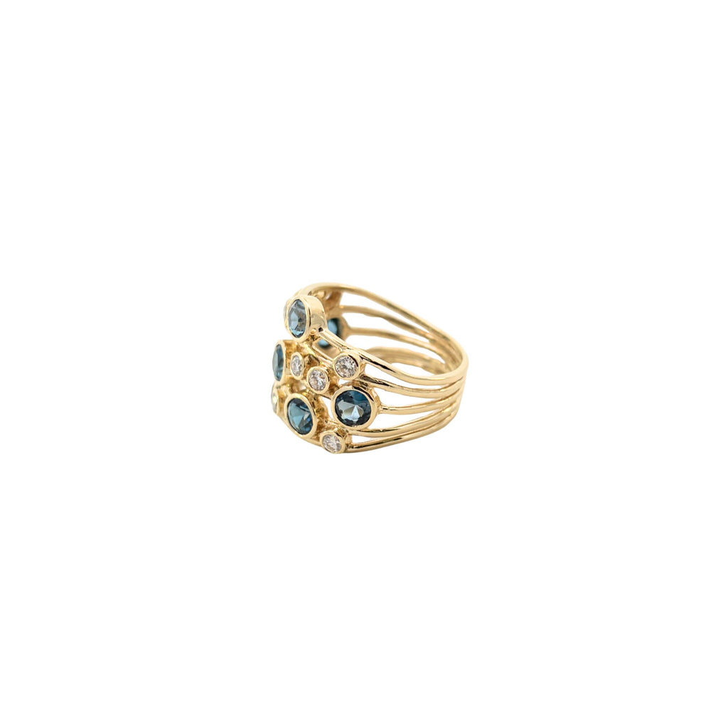 Side view of Ippolita five-wire Constellation ring with blue topaz and diamonds