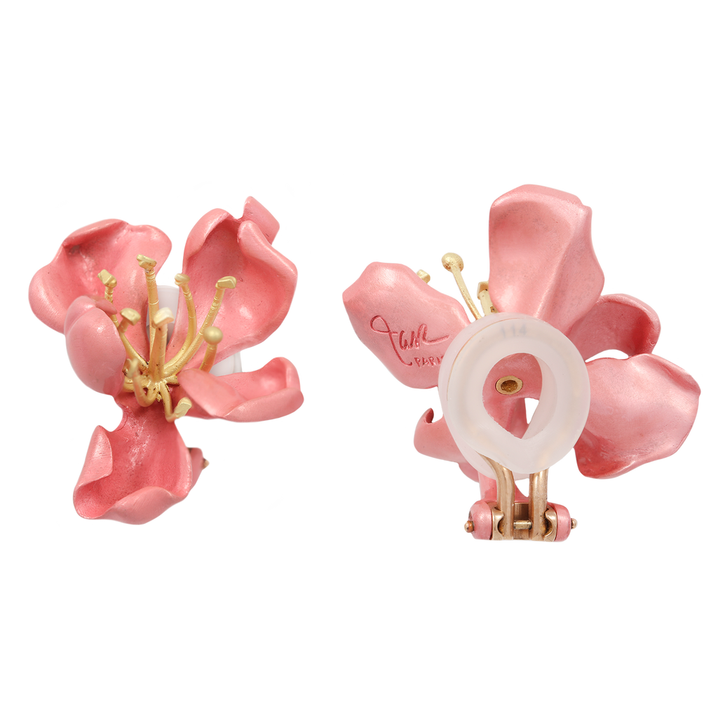 JAR (Joel Arthur Rosenthal) Pink enamel almond blossom clip on earrings. Back view shows signature JAR PARIS