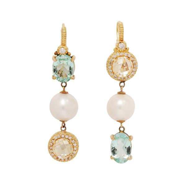 Elegant Judith Ripka drop earrings with citrine, blue topaz, pearls, and diamond accents in a lever-back design.