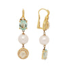 Elegant Judith Ripka drop earrings with citrine, blue topaz, pearls, and diamond accents in a lever-back design. Side view.