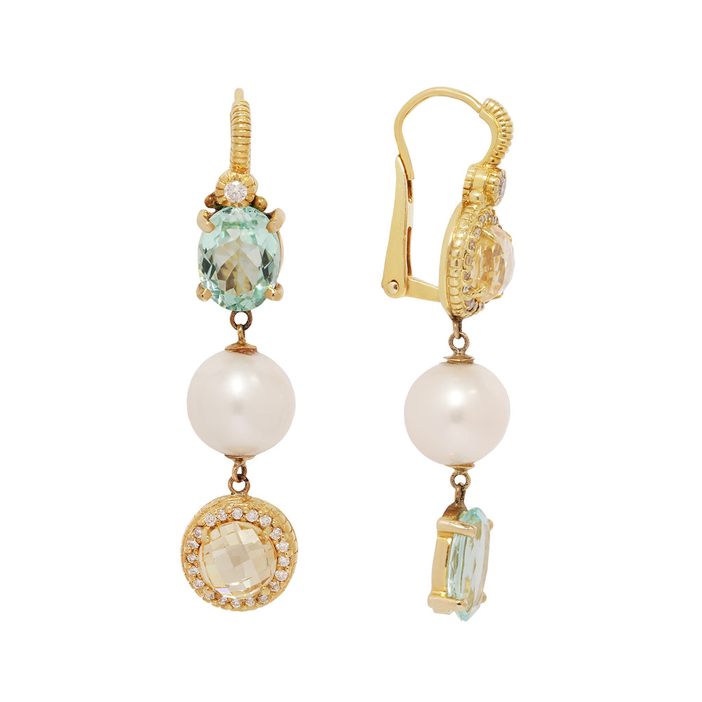 Elegant Judith Ripka drop earrings with citrine, blue topaz, pearls, and diamond accents in a lever-back design. Side view.