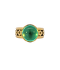 Vintage 18K gold ring with light green cabochon emerald in bezel setting, size 8, with circle accents.