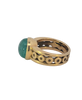 Vintage 18K gold ring with light green cabochon emerald in bezel setting, size 8, with circle accents. Side view