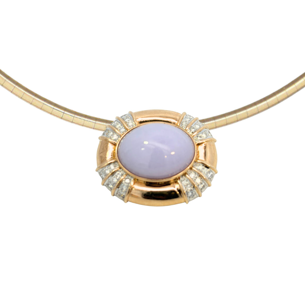 Oval light lavender jade and diamond 14K yellow gold slide pendant in an east-west bombé-style setting