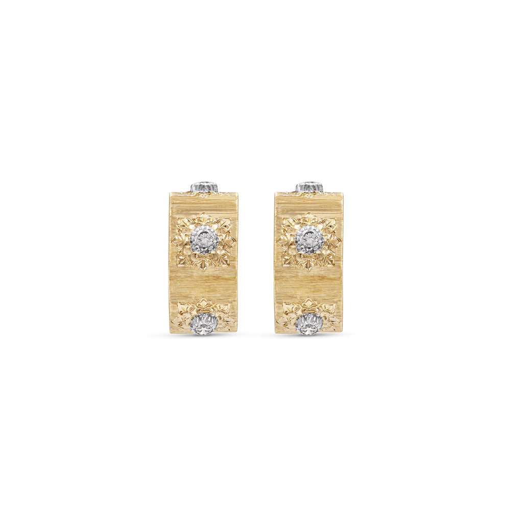 Buccellati Macri Classica Earrings in 18k yellow and white gold, featuring signature Rigato engraving and brilliant-cut diamonds in star-shaped rosettes.