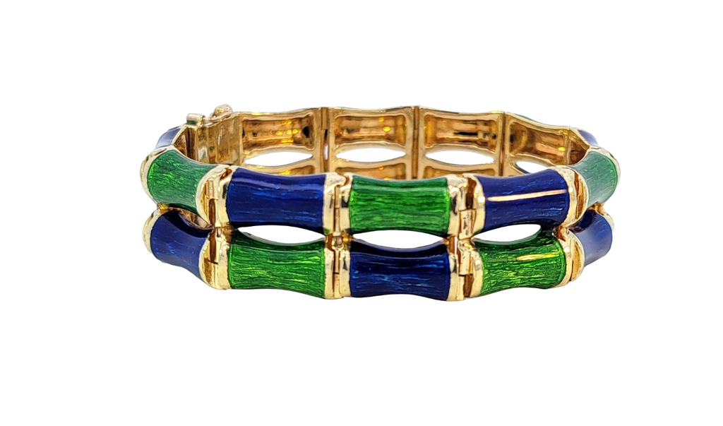 Double row bamboo green and blue enameled bangle bracelet with hinge and invisible clasp