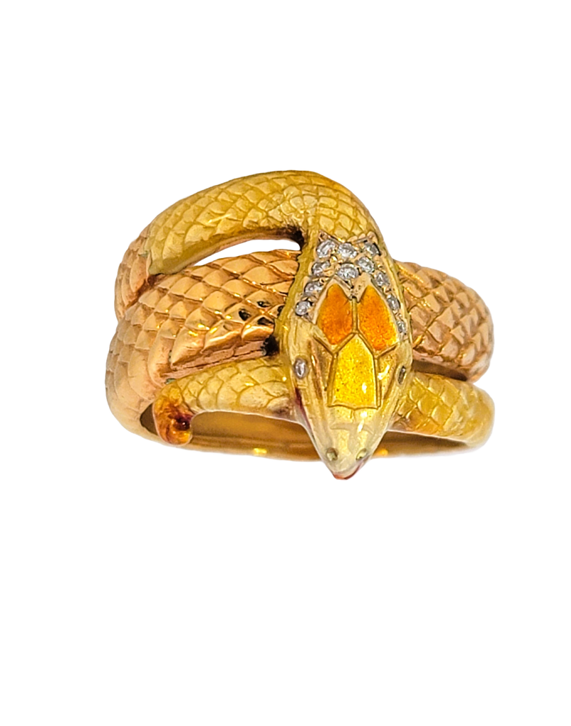 Masriera 18K gold snake ring with yellow-orange enamel, diamond accents, Art Nouveau revival design.