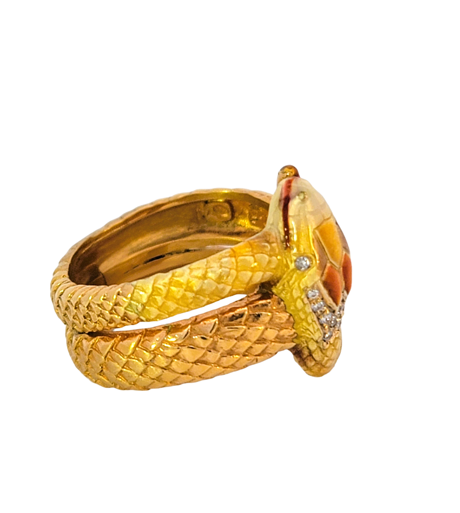 Masriera 18K gold snake ring with yellow-orange enamel, diamond accents, Art Nouveau revival design. Side.