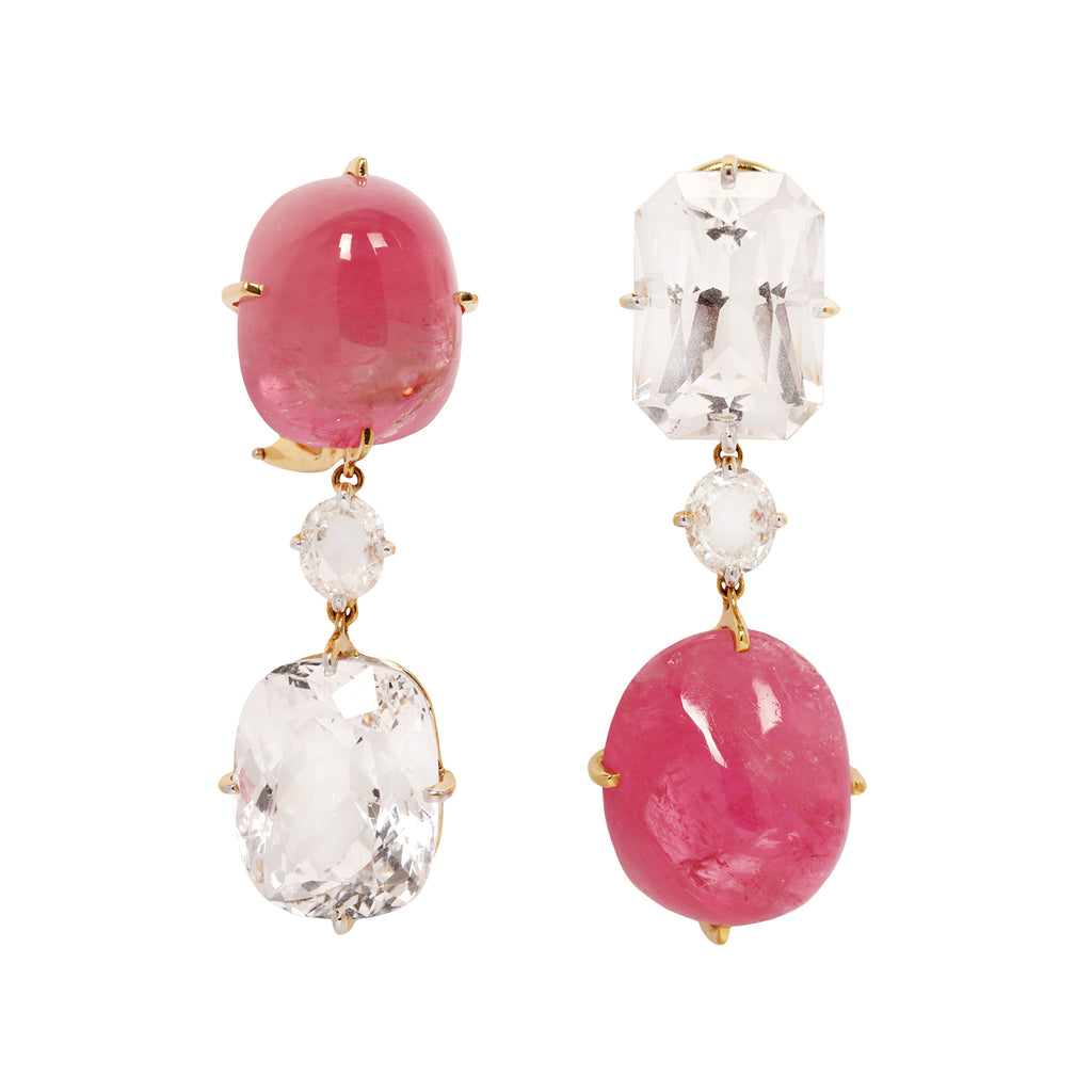 Elegant 18K gold dangle earrings by Maja DuBrul with pink tourmaline, Danburite, and rose-cut diamonds. 