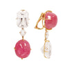 Elegant 18K gold dangle earrings by Maja Du Brul with pink tourmaline, Danburite, and rose-cut diamonds. Side view