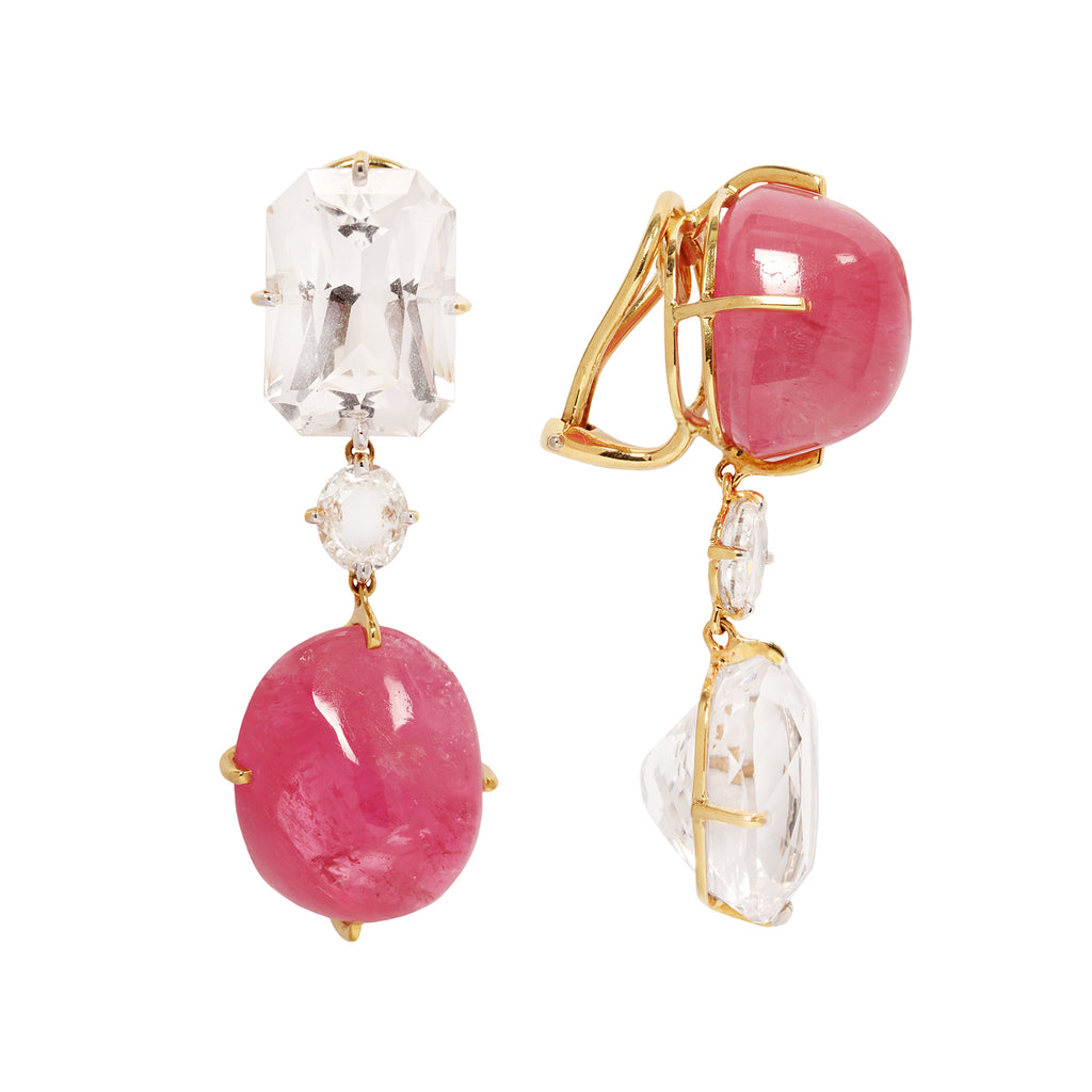 Elegant 18K gold dangle earrings by Maja Du Brul with pink tourmaline, Danburite, and rose-cut diamonds. Side view