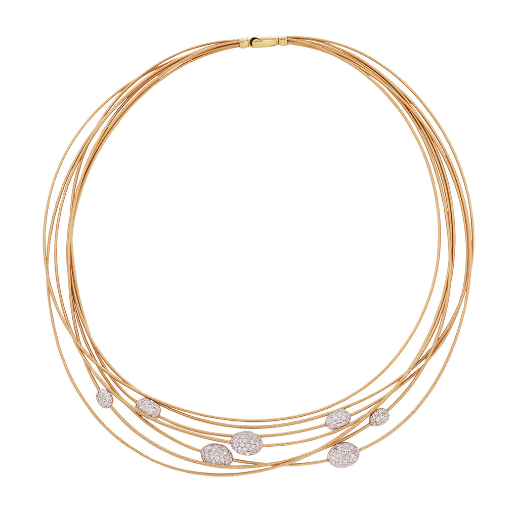 Marco Bicego 18K gold multi-strand necklace with 7 diamond pavé stations, 1.50 CTW, and a 16” shortest strand.