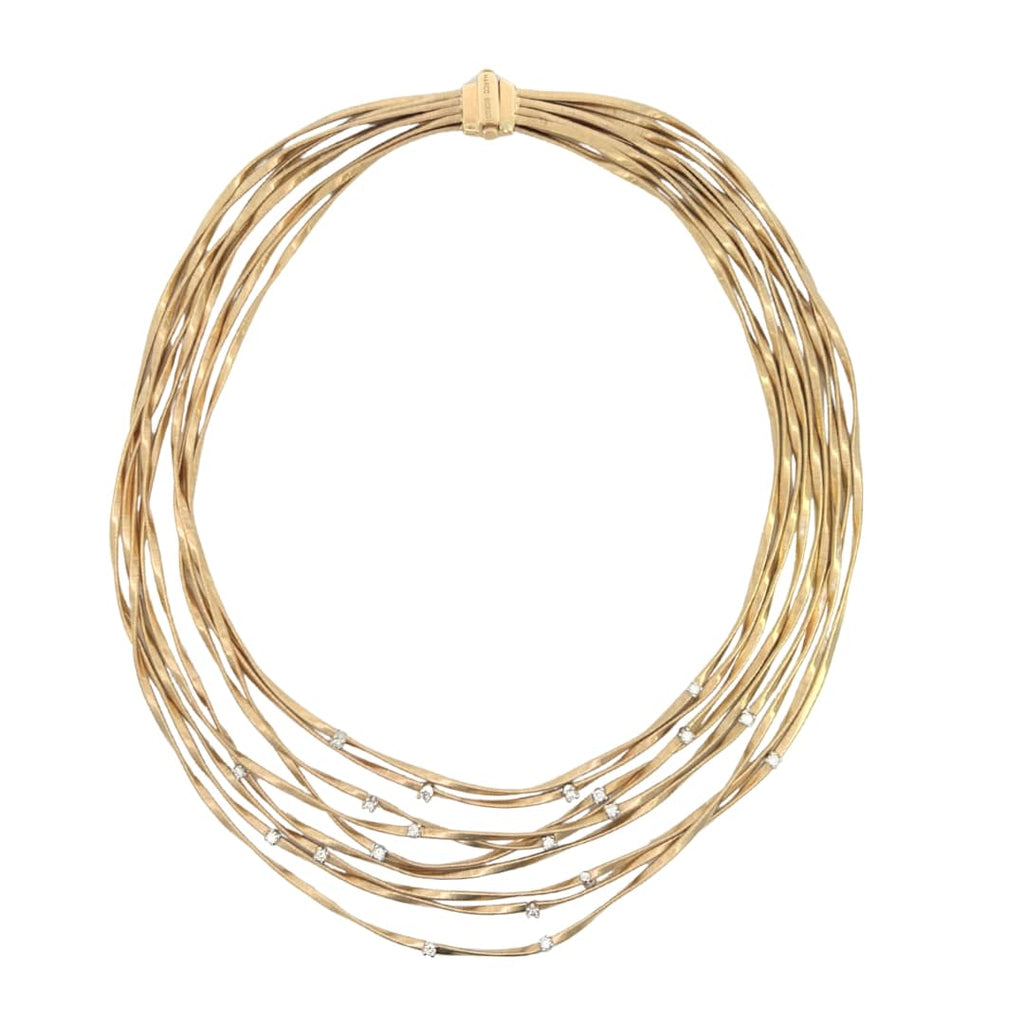Close-up of Marco Bicego Marrakech necklace in 18k yellow gold with diamond accents.