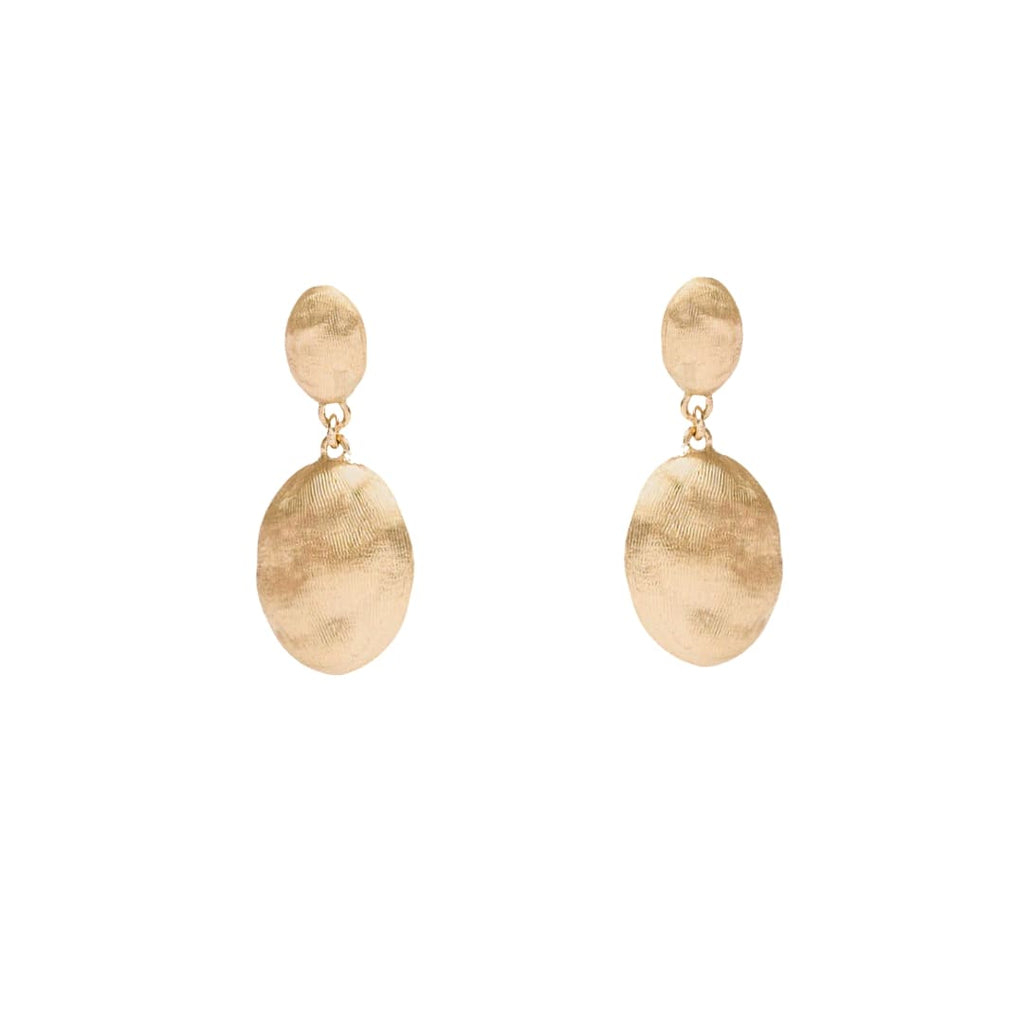 Front view of Marco Bicego Siviglia 18k yellow gold oval drop earrings featuring hand-engraved satin texture.