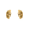 Front view of Mark Patterson 18K yellow gold lotus blossom clip earrings with layered fluted petals