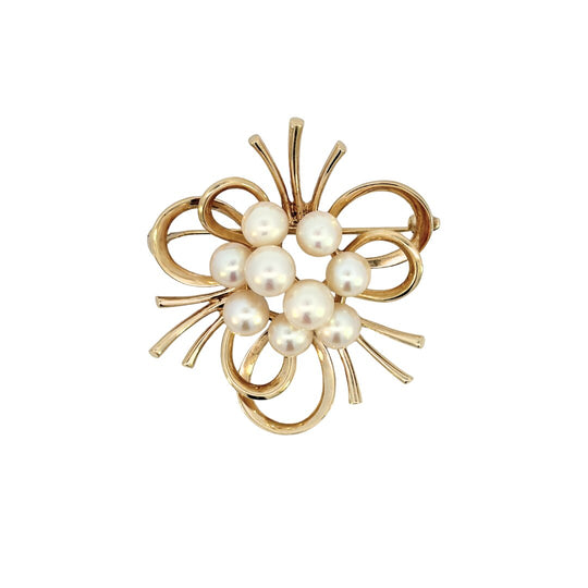 MIKIMOTO 14K Yellow Gold Cultured Pearl Cluster Brooch