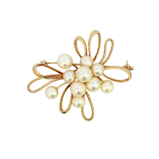 MIKIMOTO 14K Yellow Gold Cultured Pearl Cluster Brooch