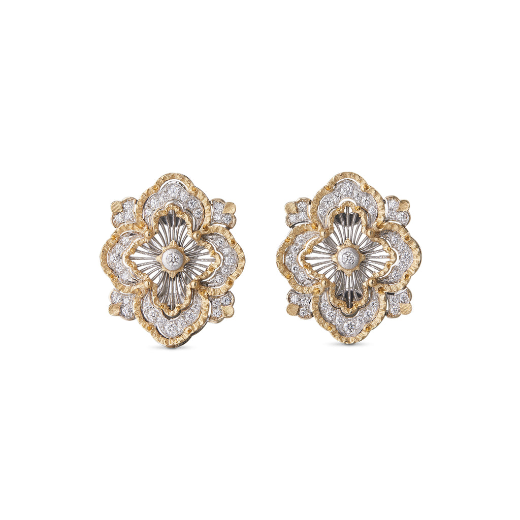 Buccellati Opera Tulle Premium Earrings in 18k white and yellow gold, featuring 0.264 carats of brilliant-cut diamonds in an openwork tulle design.