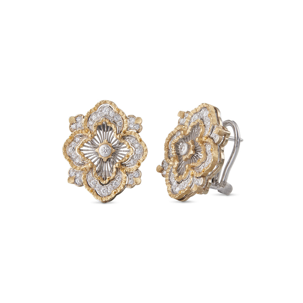 Buccellati Opera Tulle Premium Earrings in 18k white and yellow gold, featuring 0.264 carats of brilliant-cut diamonds in an openwork tulle design. Side view