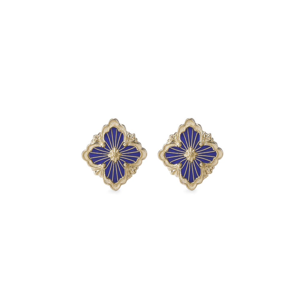 Buccellati Opera Tulle Blue Enamel Gold Earrings handcrafted in 18k yellow gold featuring a vibrant blue enamel centerpiece, delicate radial tulle, and a secure clip for pierced ears.