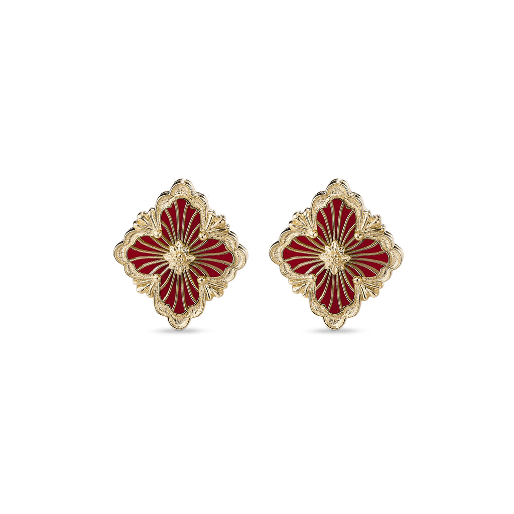 Buccellati Opera Tulle Gold Red Enamel Button Earrings in 18k yellow gold featuring a red enamel centerpiece with radial tulle, fan-shaped scalloped borders, and a secure clip for pierced ears.