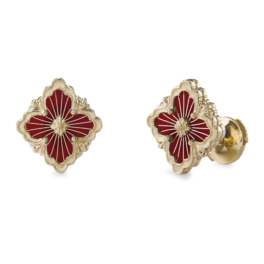 Buccellati Opera Tulle Blue Enamel Gold Earrings handcrafted in 18k yellow gold featuring a vibrant red enamel centerpiece, delicate radial tulle, and a secure clip for pierced ears.