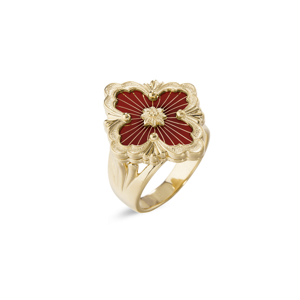 Buccellati Opera Tulle Ring in 18k yellow gold featuring an intricate tulle pattern, central gold rosette, and vibrant red enamel detailing. A statement of elegance.