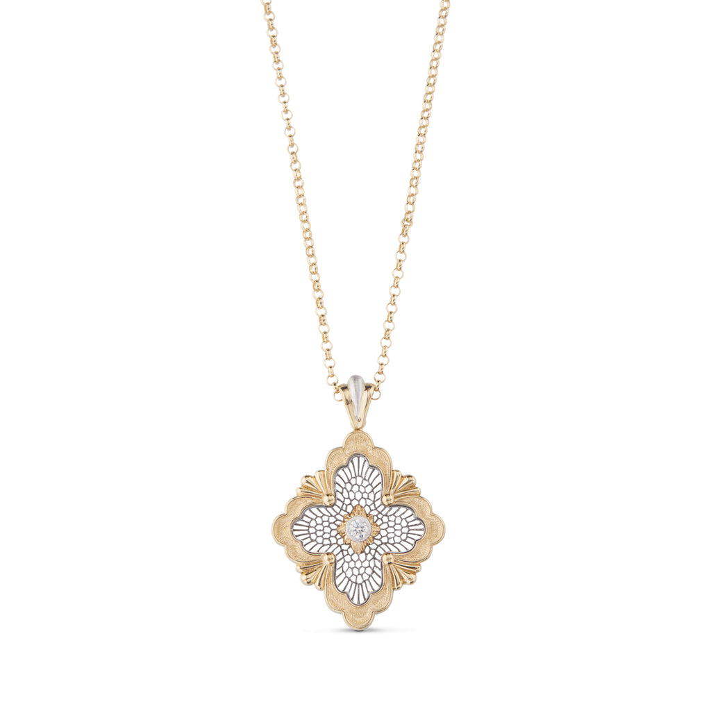 Buccellati Opera Maxi Pendant Necklace in Yellow and White Gold with Single Round Diamond Center, 60 cm Chain, Timeless Italian Luxury Jewelry