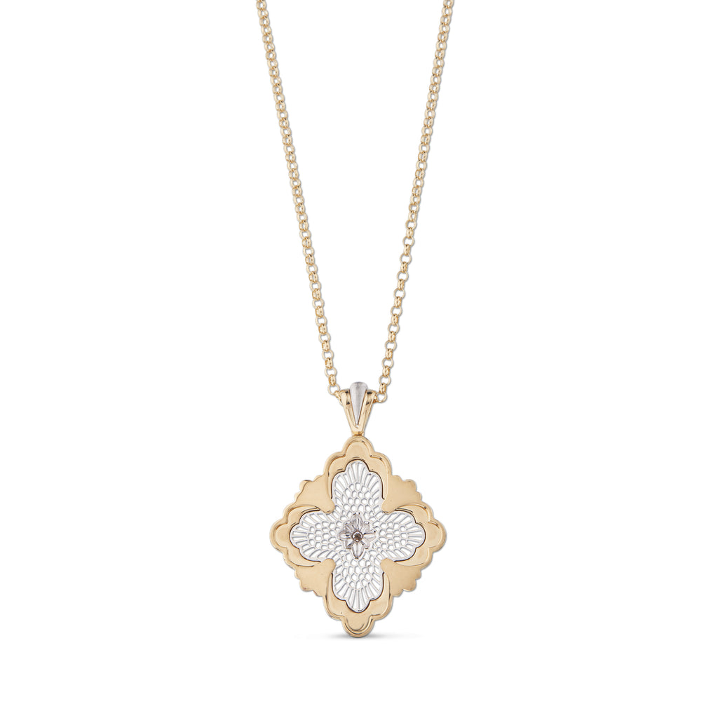 Buccellati Opera Maxi Pendant Necklace in Yellow and White Gold with Single Round Diamond Center, 60 cm Chain, Timeless Italian Luxury Jewelry. Back view