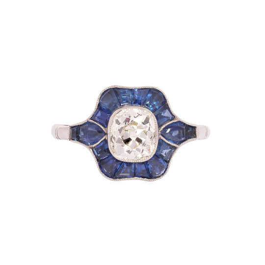 Art Deco-inspired Old Mine Cut Diamond & Sapphire Halo Ring in Platinum (1.14 ct. Center)