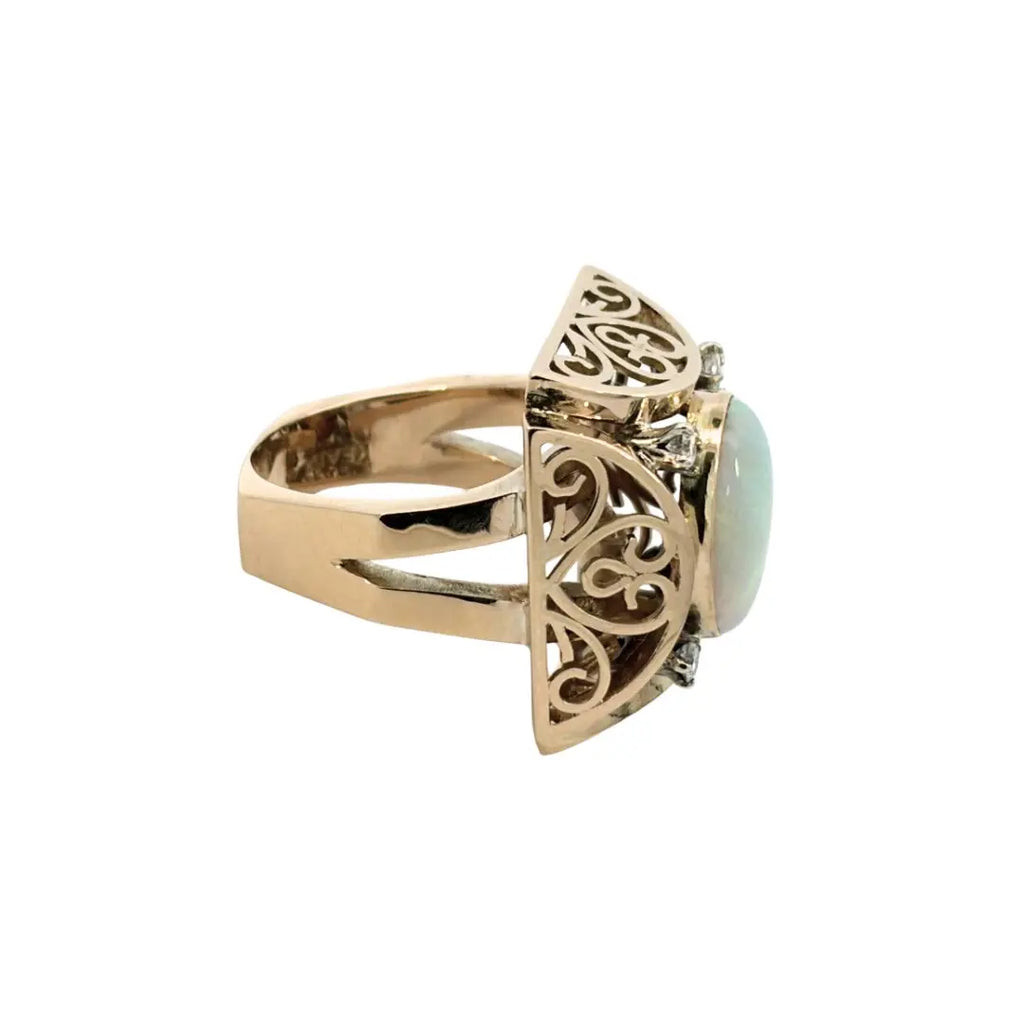 opal diamond ring side view pierced gold mounting detail
