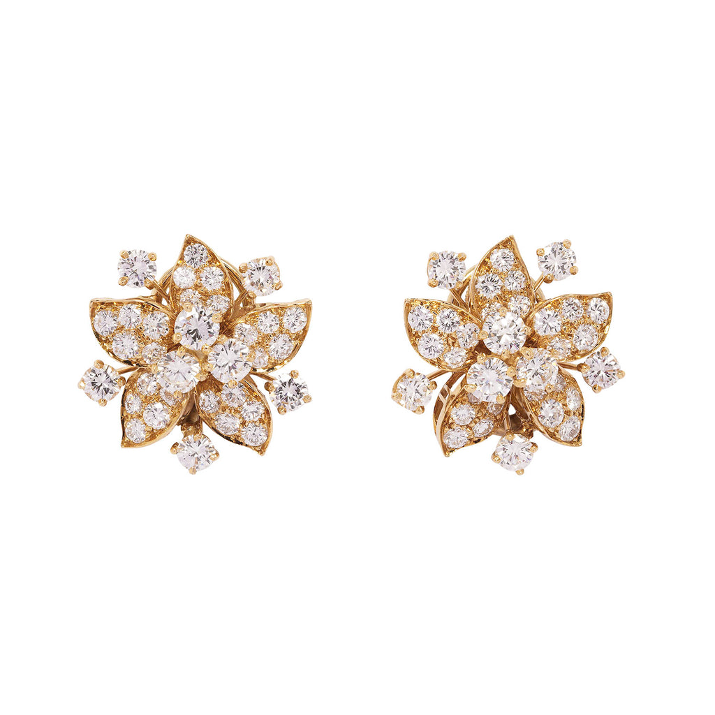 Yellow gold diamond flower earrings with front profile shown