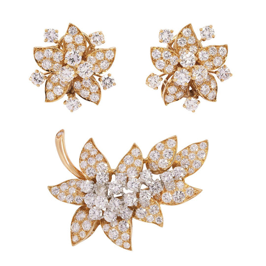OSCAR HEYMAN Diamond Flower Earrings & Brooch Set – 10.00ctw