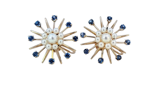Midcentury Starburst Gold, Sapphire, and Pearl Earrings