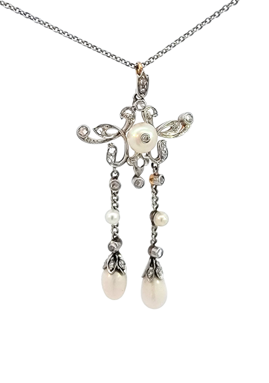 Edwardian Pearl and Rose-Cut Diamond Lavaliere Necklace