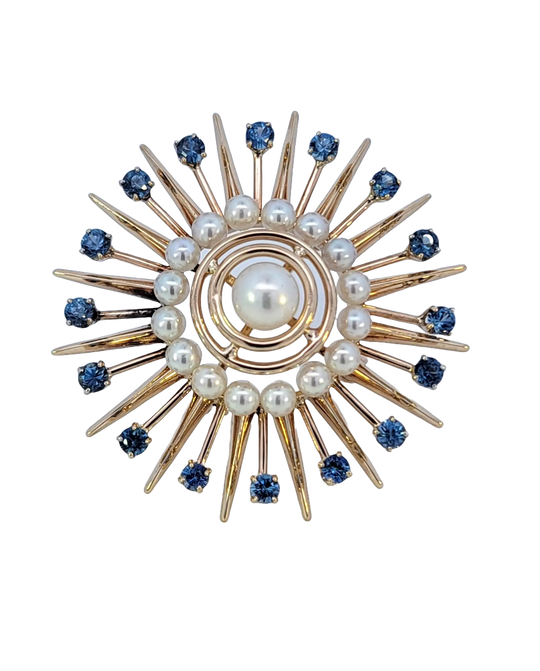 Midcentury Modern Starburst Pearl and Sapphire Brooch