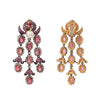 Front and back view of pink sapphire, pearl, and rose-cut diamond chandelier earrings in 18K gold.