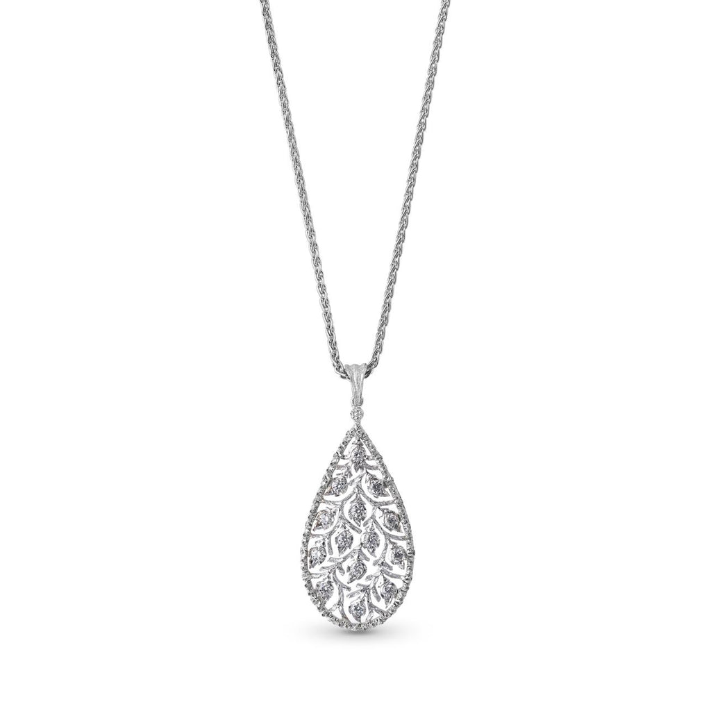 Ramage Drop-Shaped Pendant in White Gold with 0.40 Carats of Diamonds, featuring intricate leaf and flower-inspired design.