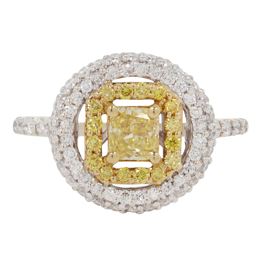 Fancy Yellow Cushion Diamond Double Geometric Halo Ring