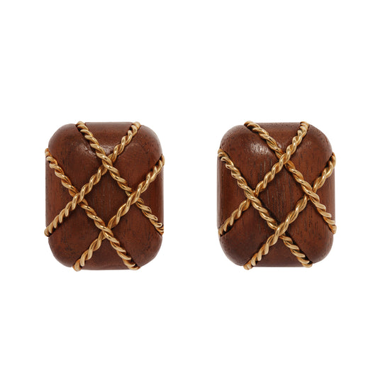SEAMAN SCHEPPS Carved Rosewood Gold Cushion Earrings