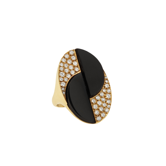 Black Onyx and Diamond Oval Ring in 18k Yellow Gold