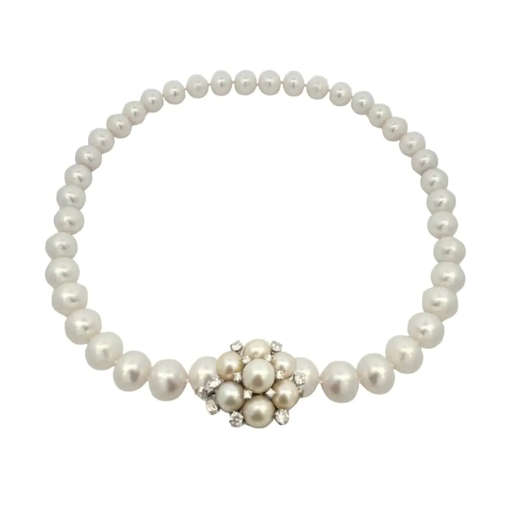 South Sea pearl necklace with diamond and pearl cluster clasp in 14k white gold