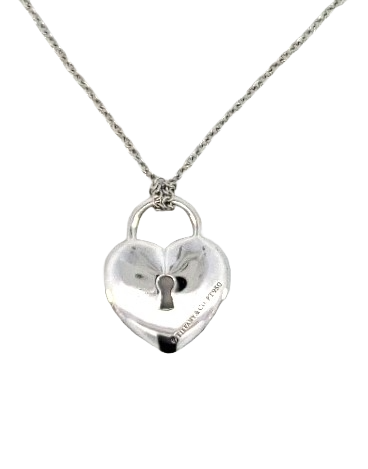 A previously-owned Tiffany & Co. diamond padlock heart pendant in platinum, back view with Tiffany stamp