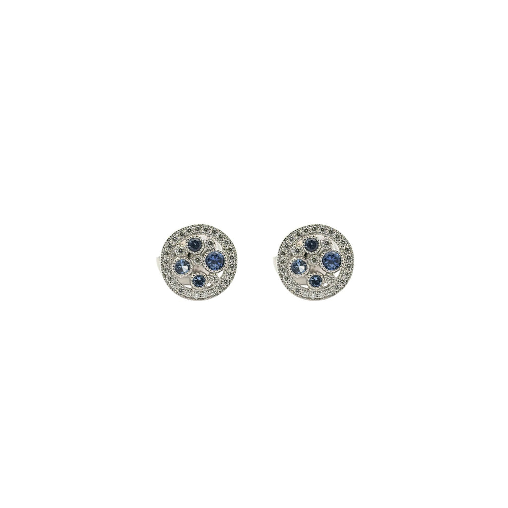Front view of Tiffany & Co. Cobblestone 9.0 mm stud earrings with bezel-set Montana sapphires and bead-set diamonds