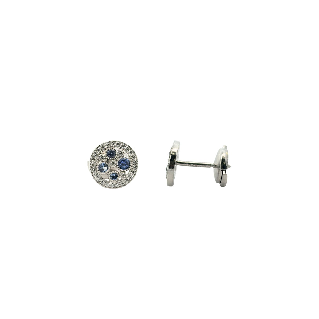 Front and side views of a Tiffany & Co. Cobblestone stud earring with Montana sapphires, diamonds, post, and La Pousette back