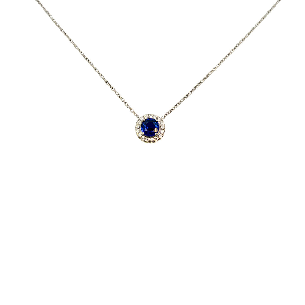 Tiffany round sapphire and diamond halo necklace with 16.0-inch split light cable chain