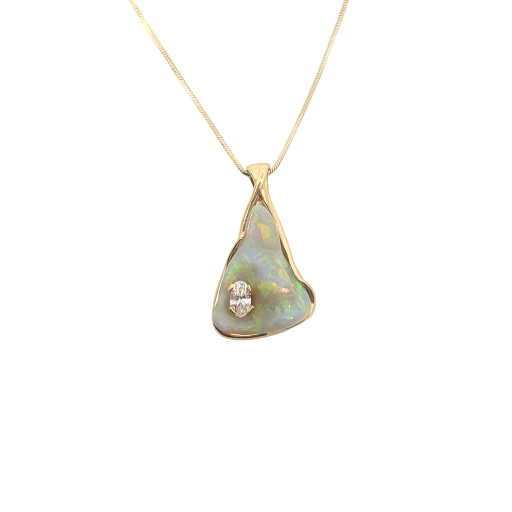 Front view of Timothy Fidge 14K yellow gold 10.80 carat opal and diamond pendant necklace on an 18.0-inch box chain