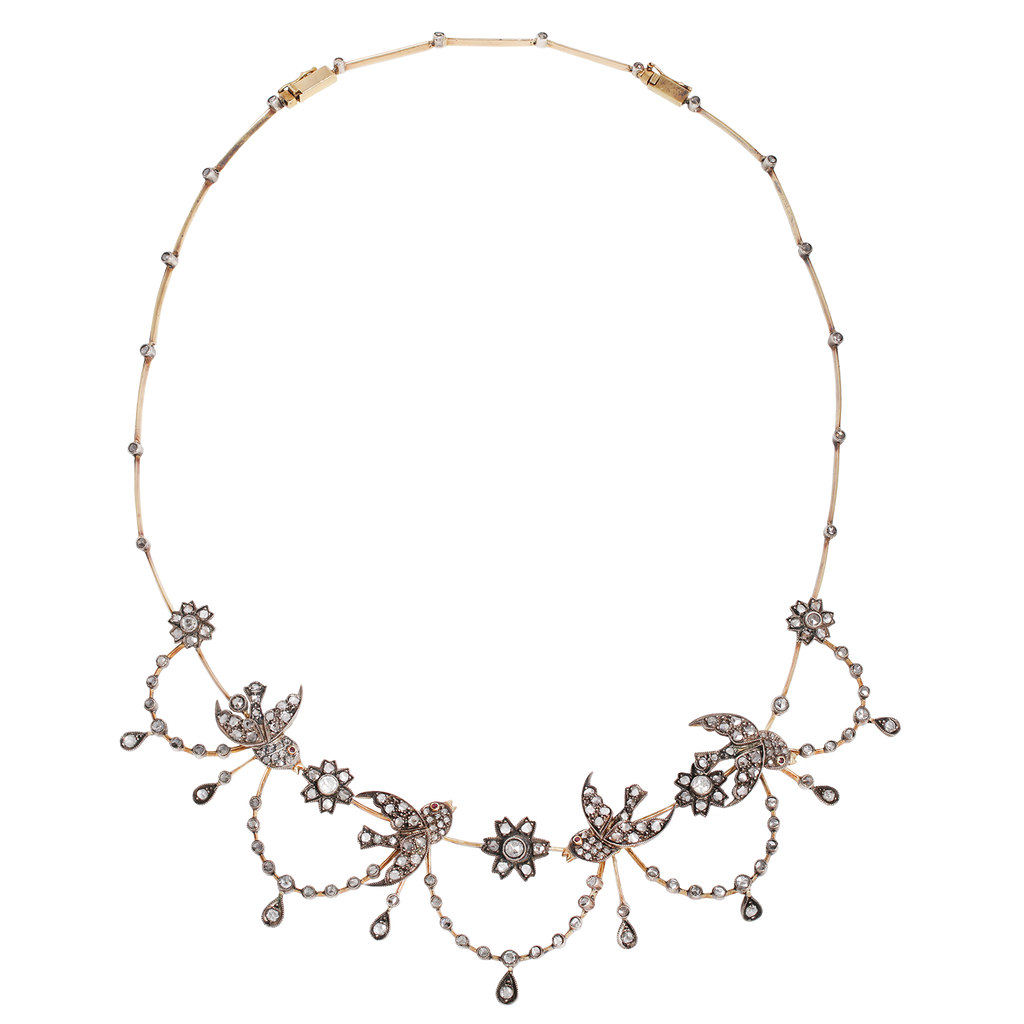 Victorian necklace with diamond swallows on blacked metal, diamond flowers, and drop diamond swag.