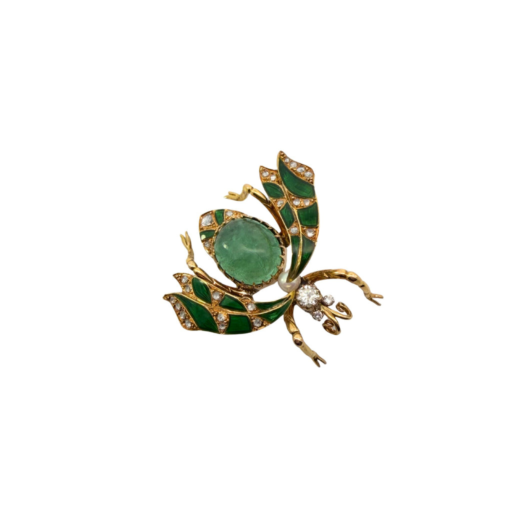 Front view of Victorian 18K yellow gold bug brooch with 11.00 carat cabochon emerald, green enamel wings, and diamond accents